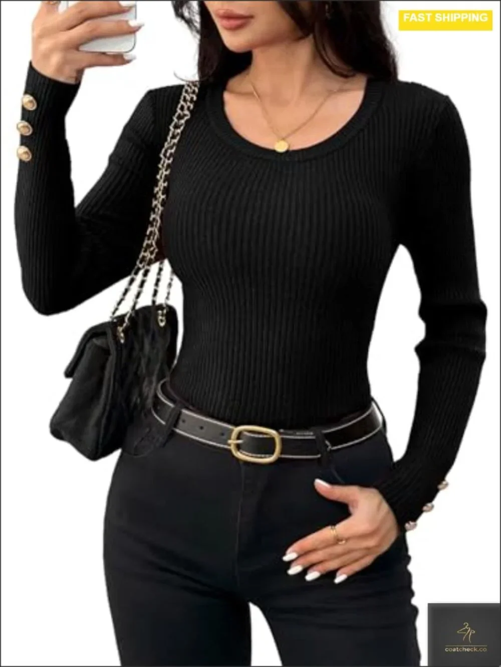 Women's Slim Fit Ribbed Knit Pullover Sweater with Decorative Button Cuffs -